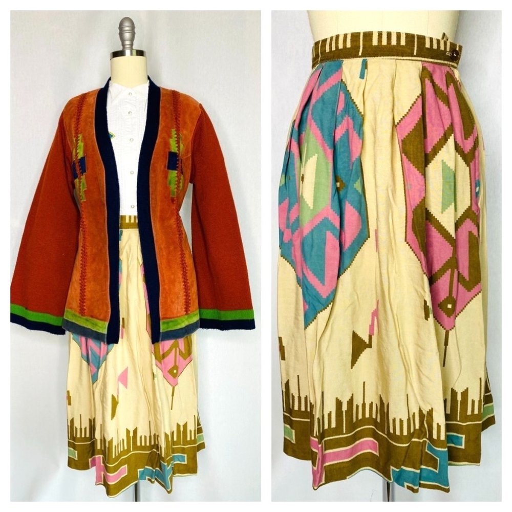 Vintage 80 Tattoo Southwestern Bohemian Skirt Sz S Small Pink Blue Indie Graphic